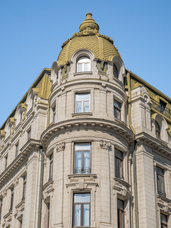 Renovated old vintage building in Bucharest. Detail with old architecture.のeditorial素材