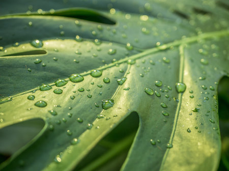water droplets on a big green leaf