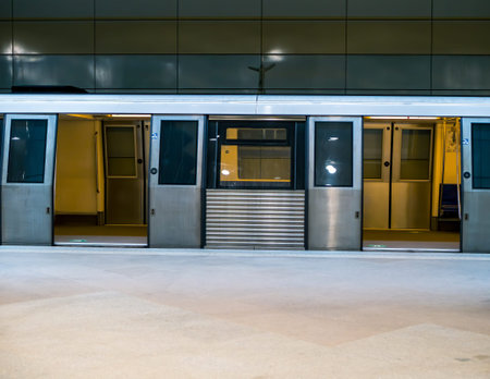 Bucharest/Romania - 09.27.2020: Empty subway train in the new build Eroilor( Heroes) station, in...