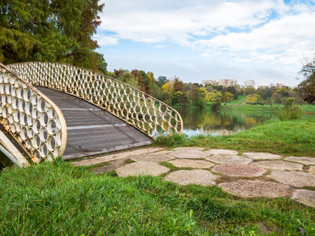 Landscape scenery with a bridge over the water and apartment buildings in the background. Youth park in Bucharest, Romaniaの写真素材