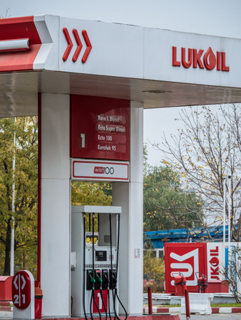 Bucharest/Romania - 11.03.2020: Lukoil gas and fuel station in the central area of Bucharest.のeditorial素材