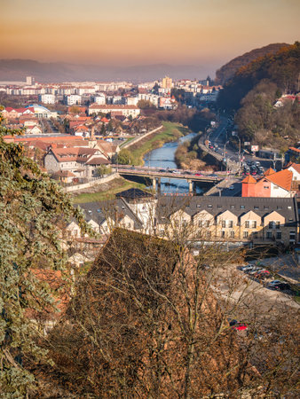 Sighisoara Romania - 11.26.2020:Aerial view with the lower town of Sighisoara that lies in the...