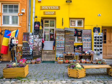 Sighisoara Romania - 11.26.2020: Outdoor display of a souvenir shop with fridge magnets and t-shirts in Sighisoaraのeditorial素材