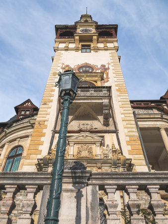 Sinaia Romania - 12.02.2020: The iconic Peles Castle built in the Neo-Renaissance style, located in Sinaia. Main tourist attraction in Romania.のeditorial素材