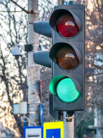 Traffic light showing the color greenの写真素材