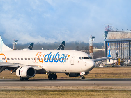 Otopeni, Romania - 01.23.2021: A Fly Dubai Boeing 737-8KN (A6-FEP) airplane on the airport runway at Henri Coanda International Airport.のeditorial素材