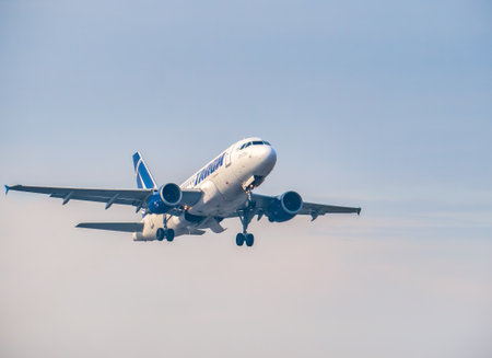 Otopeni, Romania - 01.23.2021 - A Tarom Airbus A318-111 (YR-ASA) airplane takes off from Henri Coanda International Airport.のeditorial素材