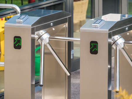 Electronic silver code operated turnstiles for various entranceの写真素材