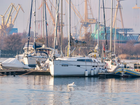 Mangalia, Romania - 02.24.2021: Many boats and yachts anchored at the touristic port or harbor in Mangalia, Constantaのeditorial素材