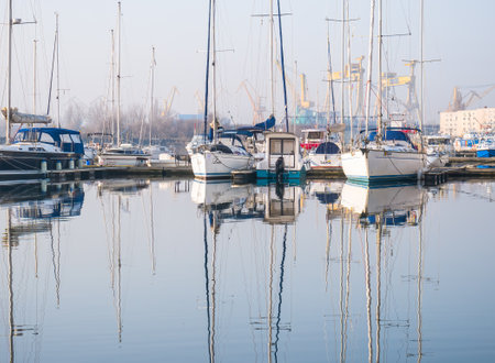 Mangalia, Romania - 02.24.2021: Many boats and yachts anchored at the touristic port or harbor in Mangalia, Constantaのeditorial素材