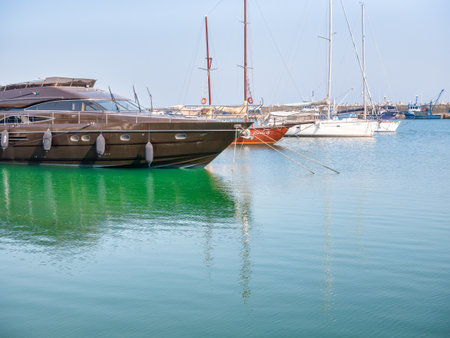 Constanta, Romania - 02.25.2021: Many boats and yachts anchored at the Tomis Turistic Port or harbor in Constantaのeditorial素材
