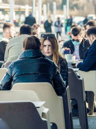 Constanta, Romania - 02.25.2021: Two girls enjoying a nice day aのeditorial素材