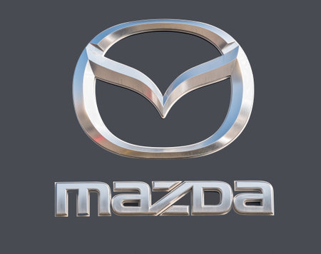 Bucharest,Romania - 03.13.2021: Mazda logo or sign at the entrance of a car dealership in Bucharest.のeditorial素材