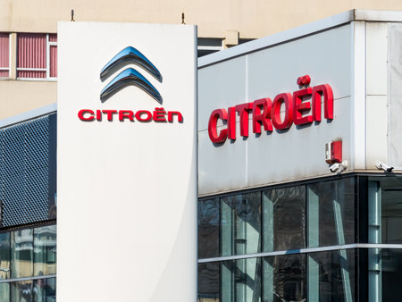 Bucharest, Romania - 03.13.2021: Citroen car company logo and sign at a dealership in Bucharest.のeditorial素材