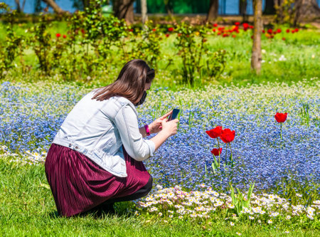 Bucharest, Romania - 04.29.2021: Young girl taking a picture taking a picture with the beautiful colored flowers in King Mihai I park( Herestrau), in Bucharest.のeditorial素材