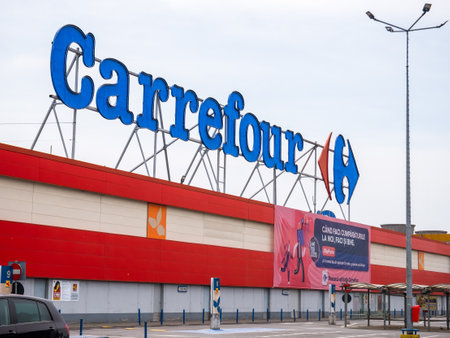 Bucharest, Romania - 05.01.2021: Carrefour Orhideea hypermarket in Bucharest. Carrefour S.A. is a French multinational retail with chains of hypermarkets, groceries and convenience storesのeditorial素材
