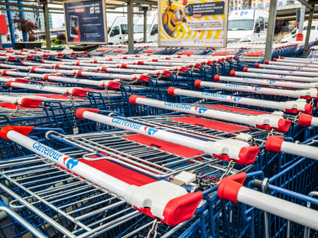 Bucharest, Romania 05.01.2021: Shopping carts belonging to Carrefour Hypermarket. Logo of the French retailer Carrefourのeditorial素材