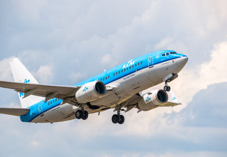 Otopeni, Romania - 05.15.2021: KLM Royal Dutch Airlines Boeing 737-7K2 (Ph-BGR) airplane flying from Henri Coanda International Airport.のeditorial素材
