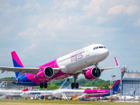 Otopeni, Romania - 05.14.2021: Wizz Air Airbus 321-271NX (HA-LVI) airplane takes off from Henri Coanda International Airportのeditorial素材