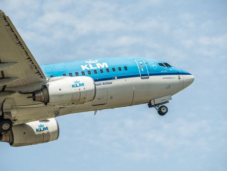 Otopeni, Romania - 05.15.2021: KLM Royal Dutch Airlines Boeing 737-7K2 (Ph-BGR) airplane flying from Henri Coanda International Airport.のeditorial素材