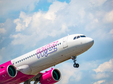 Otopeni, Romania - 05.14.2021: Wizz Air Airbus 321-271NX (HA-LVI) airplane takes off from Henri Coanda International Airportのeditorial素材
