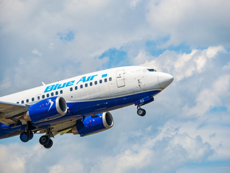 Otopeni, Romania - 05.14.2021: Blue Air Boeing 737-5L9 (YR-BAG) airplane takes off from Henri Coanda International Airportのeditorial素材