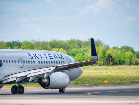 Otopeni, Romania - 05.14.2021: SkyTeam Livery on A Tarom Boeing 737-78J (IR-BGF) arriving from Amsterdam to Henry Coanda International Airportのeditorial素材