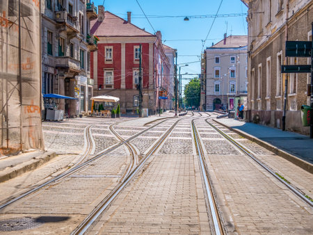 Timisoara, Romania - 06.19.2021:Tram rails or tracks in the center of Timisoara cityのeditorial素材