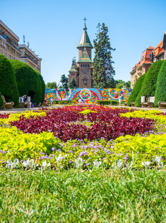 Timisoara, Romania - 06.19.2021:View with Orthodox Metropolitan Cathedral (Catedrala MitropolitanÄ OrtodoxÄ) seen from Victory Square, in Timisoara.のeditorial素材