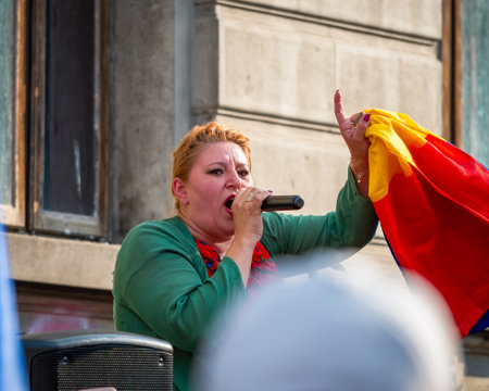 Bucharest, Romania - 07.24.2021: Romanian Senator Diana Iovanovici Sosoaca giving a speech at a protest against COVID-19 restriction measures for those who refuse the vaccineのeditorial素材