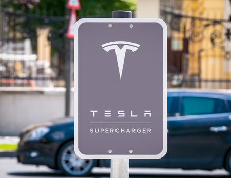 Timisoara, Romania - 06.19.2021: Tesla Supercharger stall station sign in Timisoaraのeditorial素材
