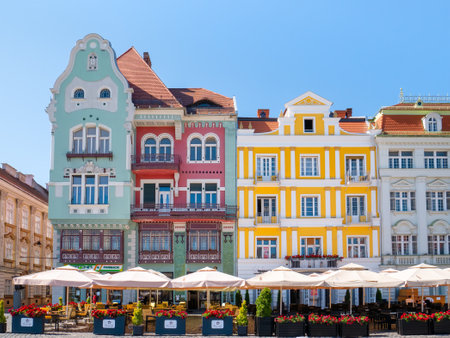 Timisoara, Romania - 06.19.2021: BrÃ¼ck House(Palatul BrÃ¼ck) colorful 20th century Art Nouveau building, located in Union Square, Timisoara.のeditorial素材