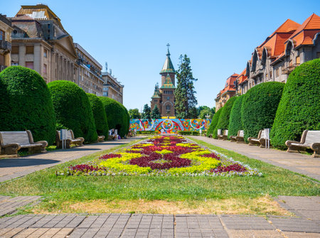 Timisoara, Romania - 06.19.2021:View with Orthodox Metropolitan Cathedral (Catedrala MitropolitanÄ OrtodoxÄ) seen from Victory Square, in Timisoara.のeditorial素材