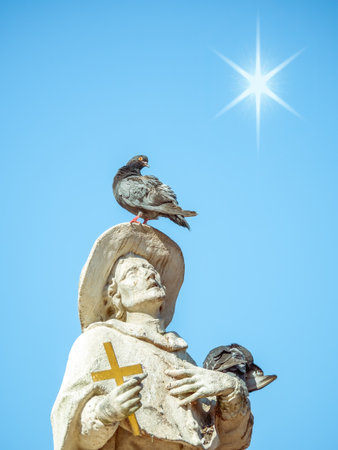 Pigeon sitting on a unknown statue of a saint in Liberty Square, Timisoaraの写真素材