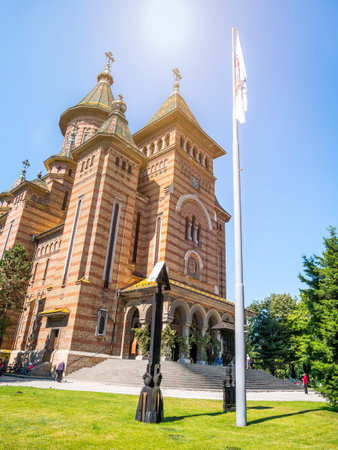 Timisoara, Romania - 06.19.2021:Detail View with Orthodox Metropolitan Cathedral (Catedrala MitropolitanÄ OrtodoxÄ) in Victory Square, in Timisoara.のeditorial素材