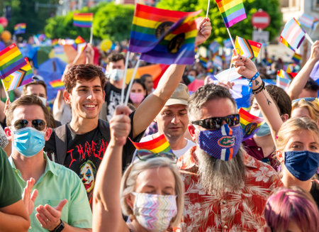Bucharest, Romania - 08.14.2021: Crowd of people attending at LGBTQ Pride parade rally in Bucharest
