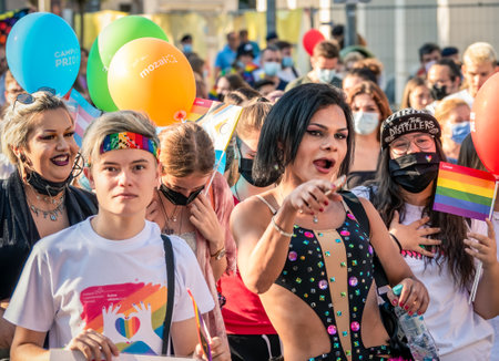 Bucharest, Romania - 08.14.2021: Crowd of people attending at LGBTQ Pride parade rally in Bucharestのeditorial素材