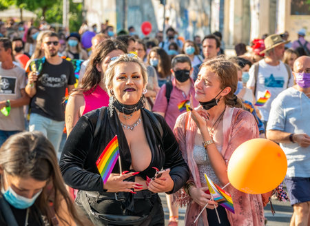 Bucharest, Romania - 08.14.2021: Crowd of people attending at LGBTQ Pride parade rally in Bucharestのeditorial素材