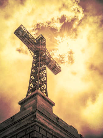 View with the Heroes Cross on Caraiman peak, in Bucegi Mountains Romania.の写真素材