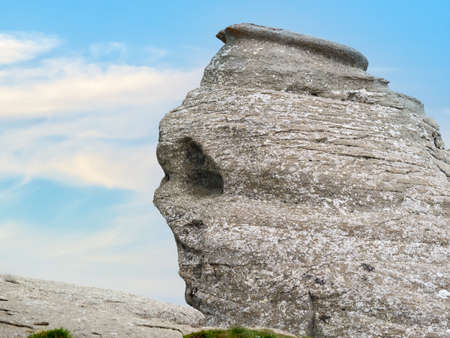 Close up detail with the natural rock formation in the Bucegi Natural Park which is in the Bucegi Mountains of Romania called The Sphinx (Sfinxul)の写真素材