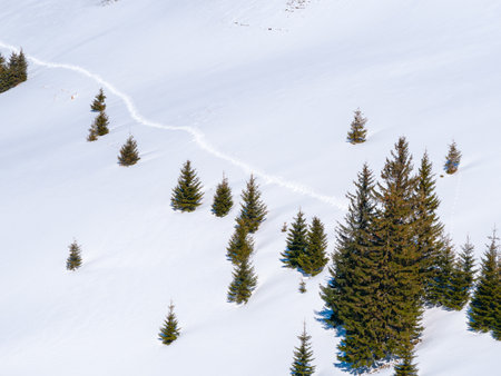 Winter landscape in the mountains with a footpath made through the fresh snowの写真素材