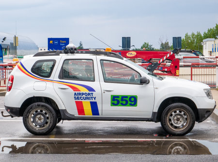 Bucharest, Romania - 08.28.2021: Airport security car Dacia Duster at Henry Coanda International Airportのeditorial素材