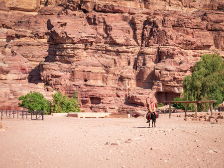Local bedouin man riding a donkey and a massive red rock stone wall in the ancient city of Petra, Jordan.の写真素材