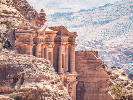 Ad Deir (The Monastery), the monumental building carved in red rock in the ancient city of Petra, Jordanの写真素材