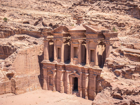 Ad Deir (The Monastery), the monumental building carved in red rock in the ancient city of Petra, Jordanの写真素材