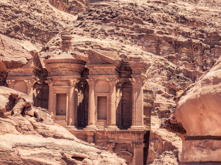Ad Deir (The Monastery), the monumental building carved in red rock in the ancient city of Petra, Jordanの写真素材