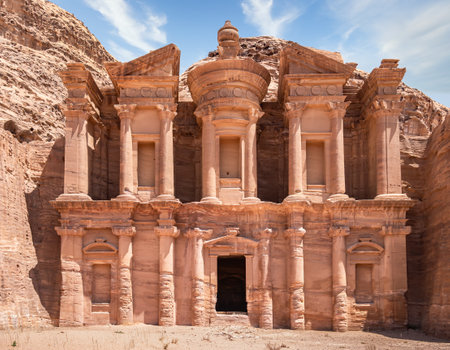 Ad Deir (The Monastery), the monumental building carved in red rock in the ancient city of Petra, Jordanの写真素材