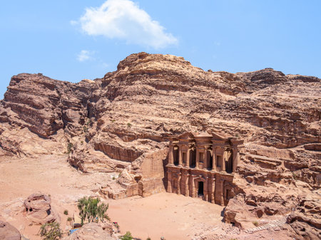 Ad Deir (The Monastery), the monumental building carved in red rock in the ancient city of Petra, Jordanの写真素材