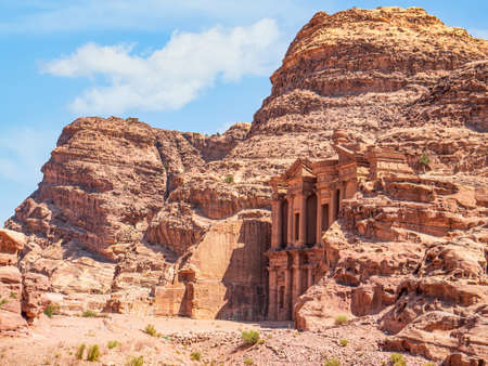 Ad Deir (The Monastery), the monumental building carved in red rock in the ancient city of Petra, Jordanの写真素材
