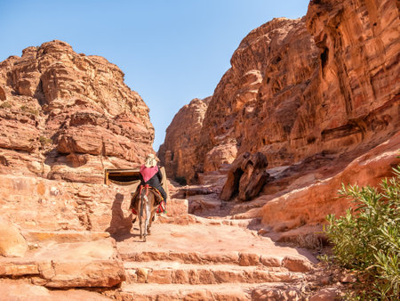 Arab woman riding a donkey on the Ed-Deir Trail (monastery trail) in the ancient city of Petra, Jordan.の写真素材